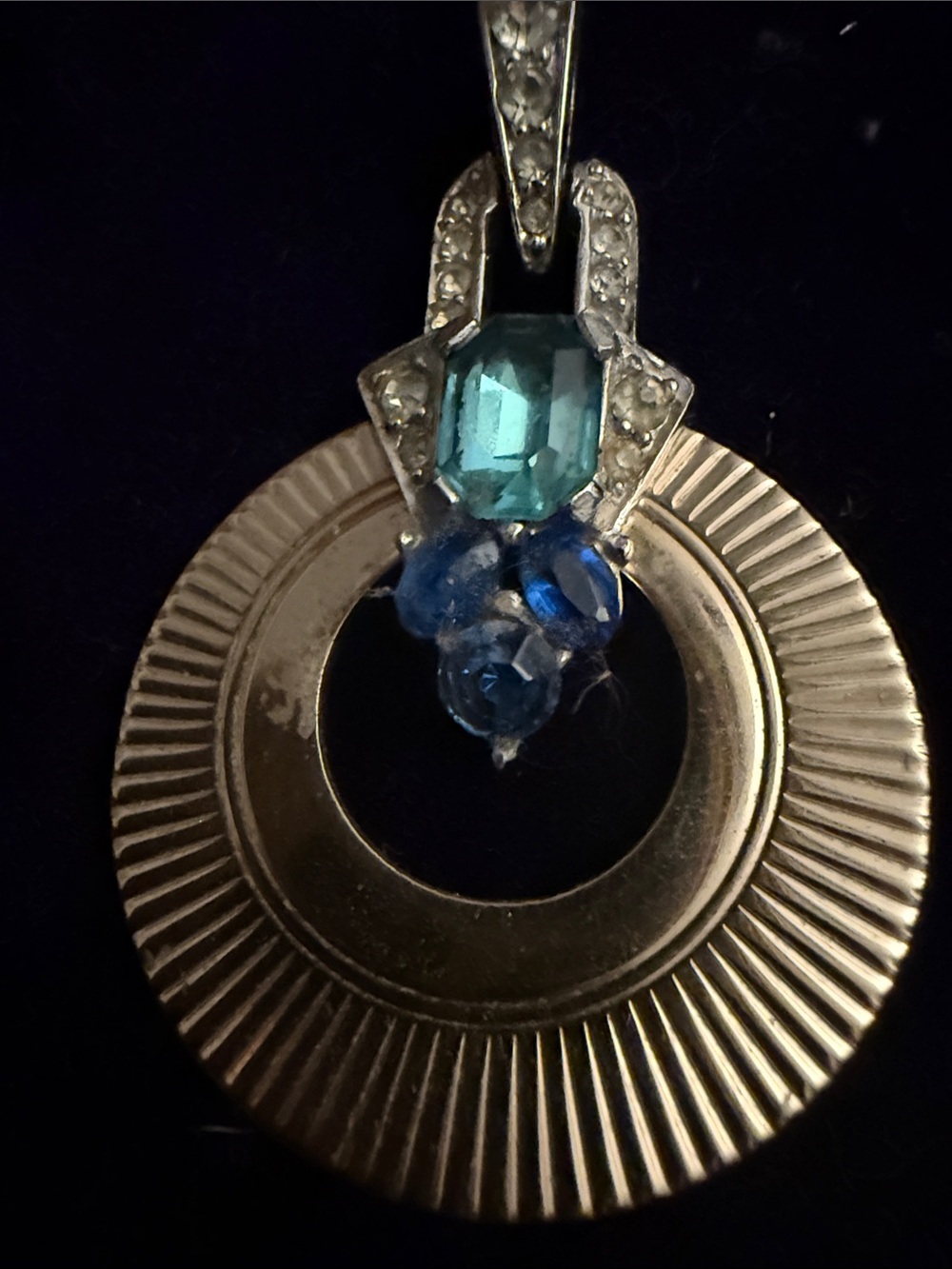 Boucher Vintage Gold-Tone Circle Pendant Necklace with Blue Crystal Accents -